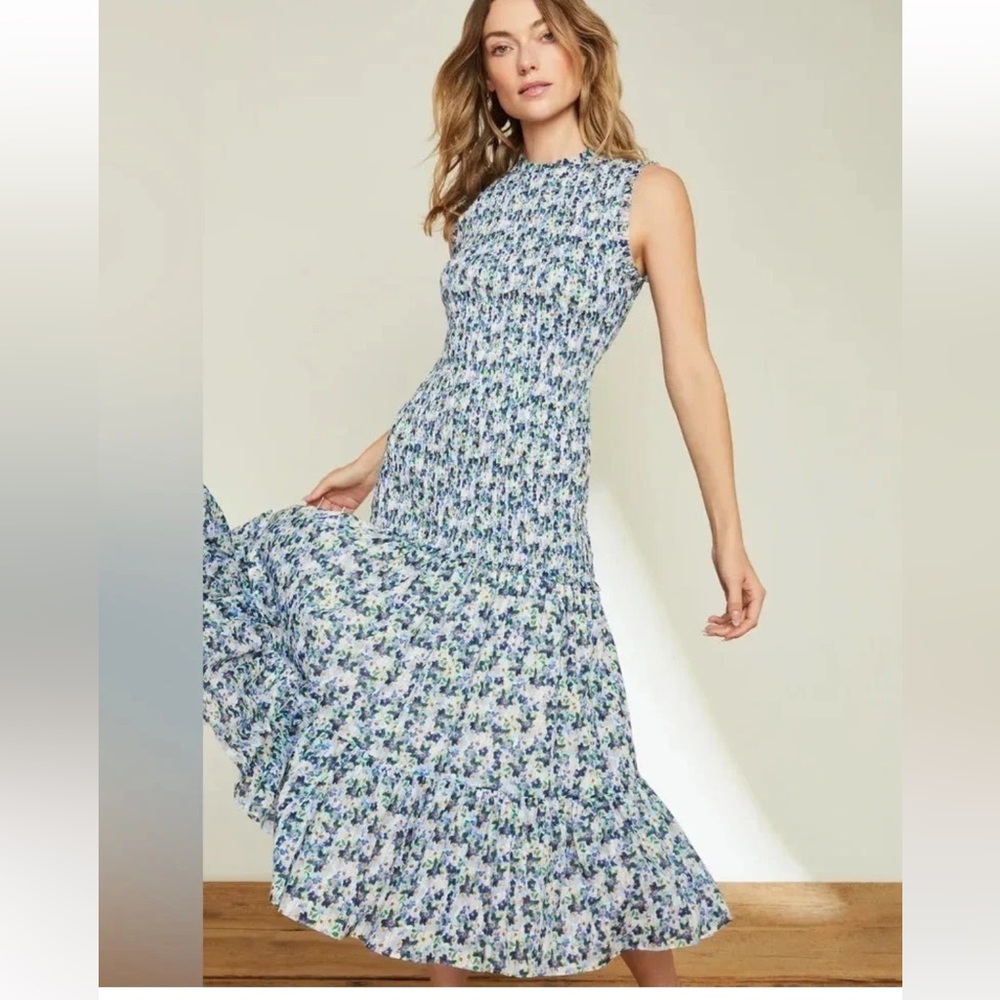 Veronica Beard Blue Verena floral smocking drop waist midi dress Sz 10 stretch